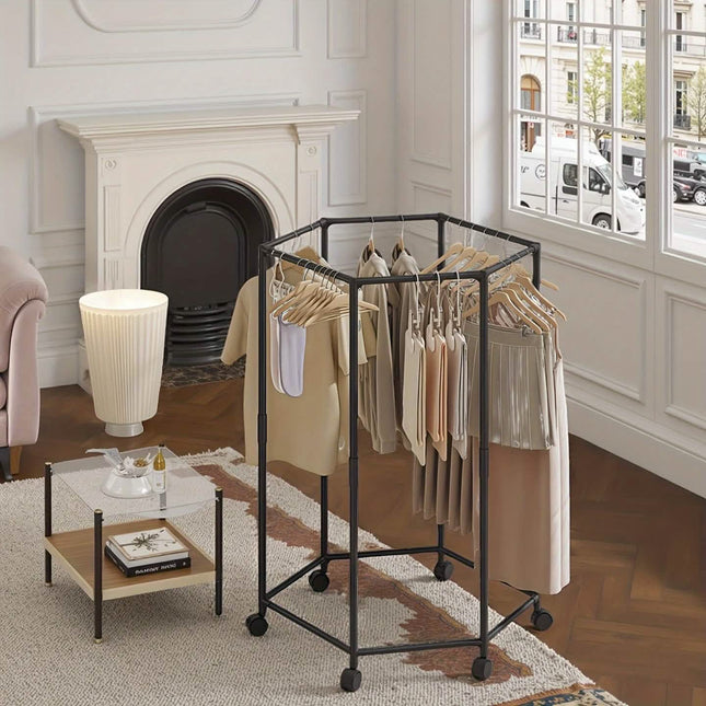 360° Rotating Freestanding Clothing Rack – Hexagonal Carbon Steel Organizer with Wheels